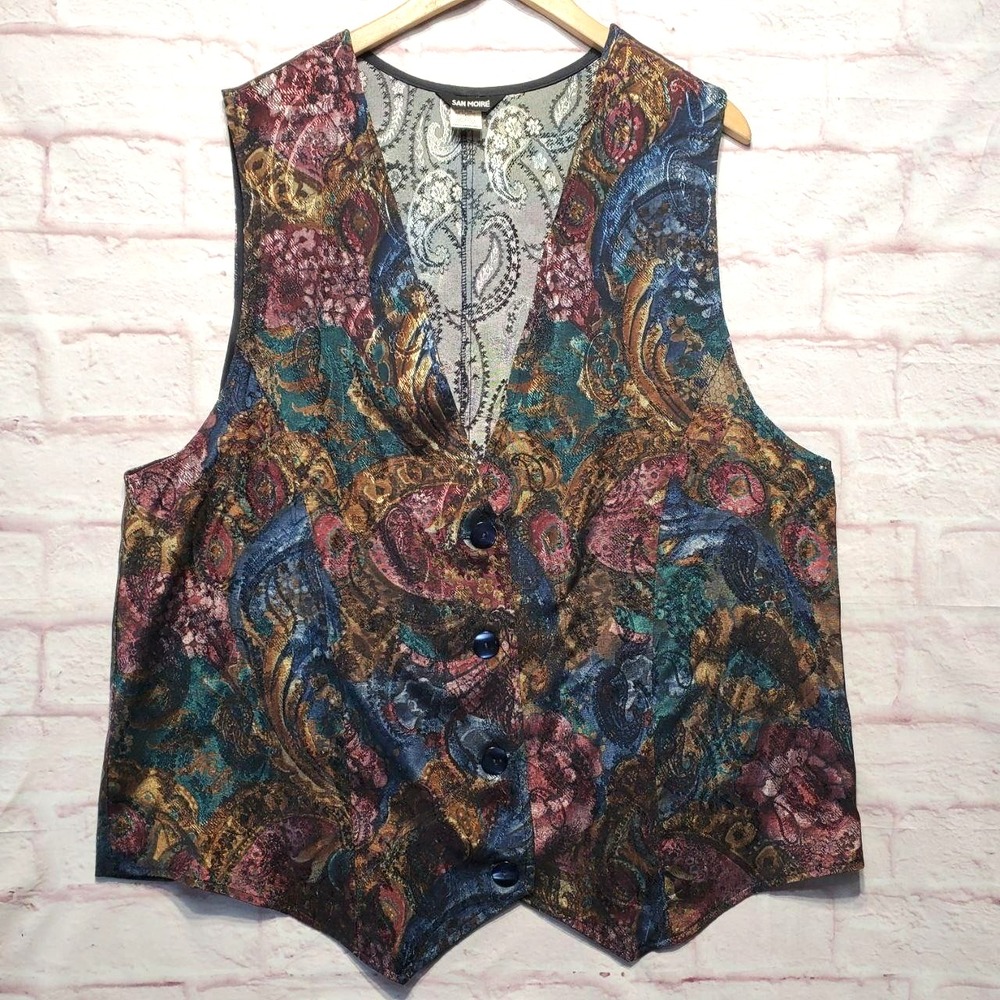 VTG San Moire Vest Womens 20W Pink Blue Paisley Forest Fairy Whimsical Boho 90s